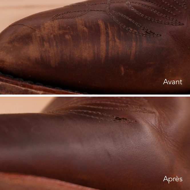 Avant après traitement au baume, cuir de bottes santiags ravé puis nourri et ravivé par Ruffieux Création