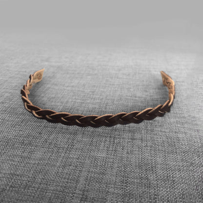 Frontal tresse en cuir brun clair, courbe en fer a cheval