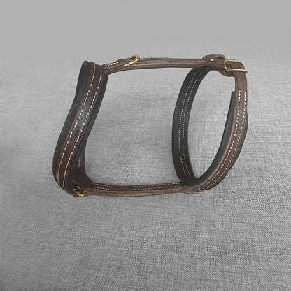 Harnais pour chien en cuir brun avec boucles dorees, pose a plat