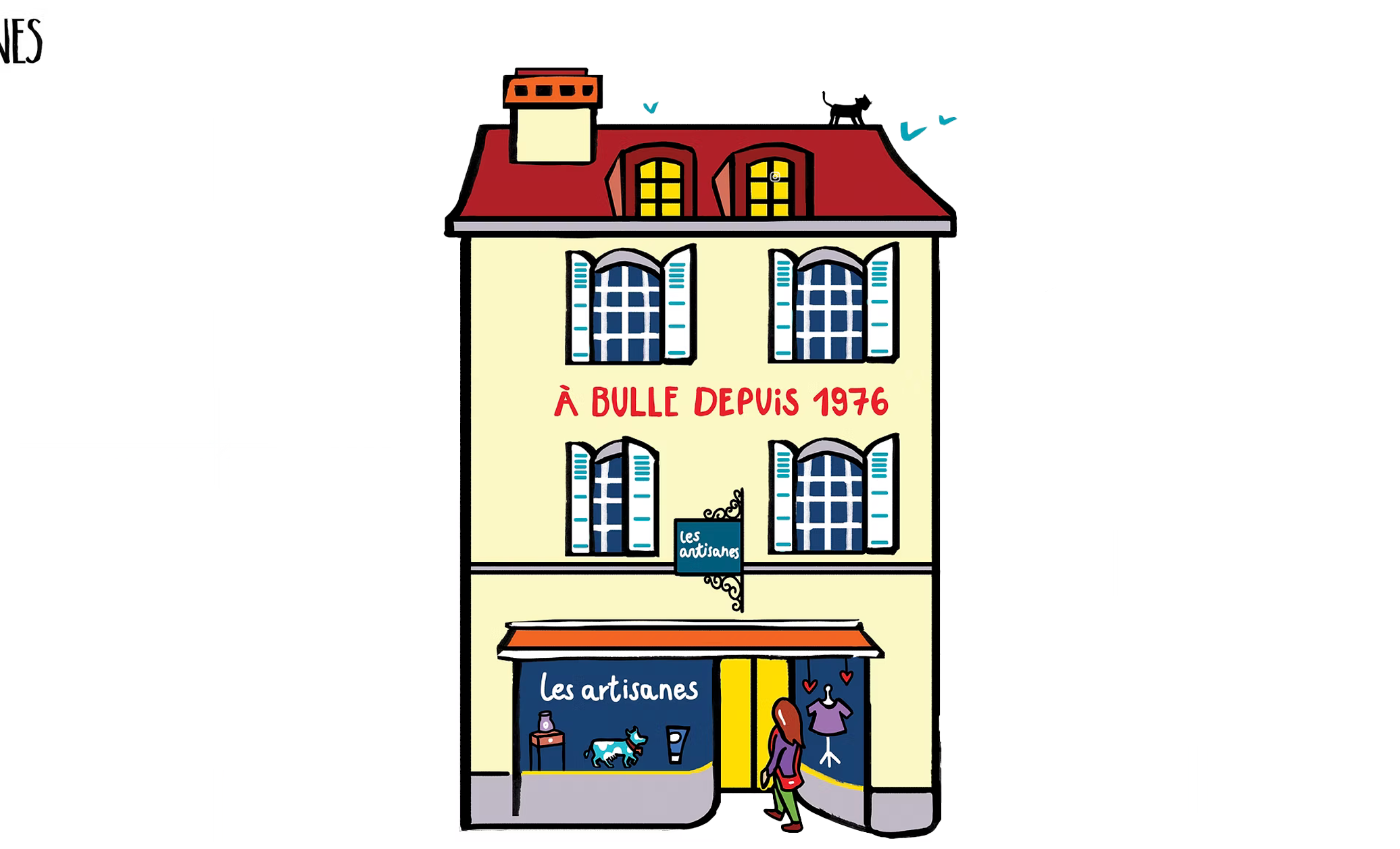 Illustration de la façade de la boutique Les Artisanes à Bulle, « à Bulle depuis 1976 »