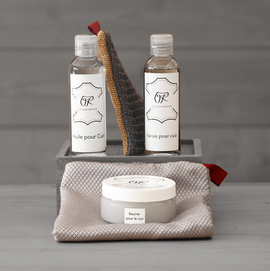 Kit d'entretien cuir Ruffieux Création avec huile, savon et baume pour nourrir et protéger le cuir
