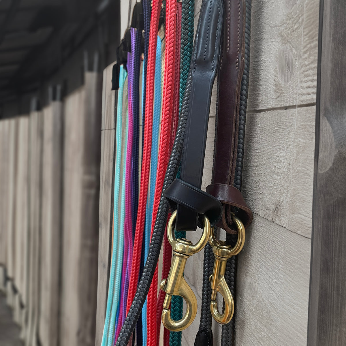 Longes en corde de couleurs variees avec mousquetons en laiton suspendues contre un mur en bois