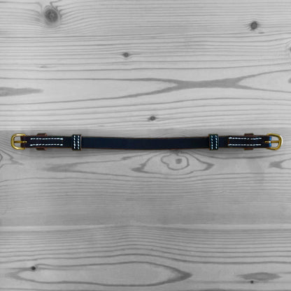 Sangle en cuir bleu marine avec couture blanche posee a plat sur un fond de bois