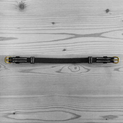 Sangle en cuir noir avec boucles metalliques posee a plat sur un fond de bois